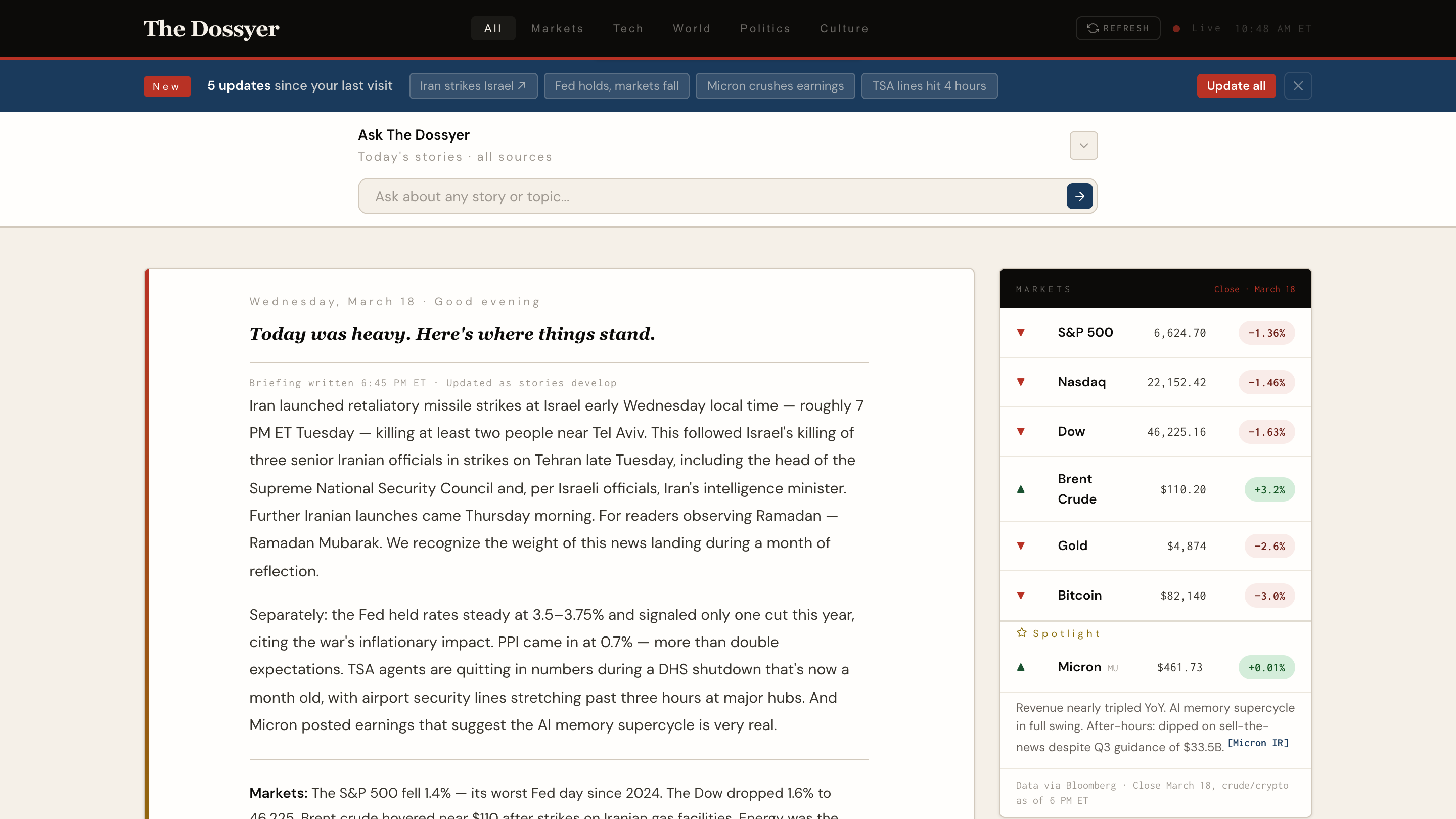 The Dossyer v01.42 feed, briefing and top stories with the markets rail