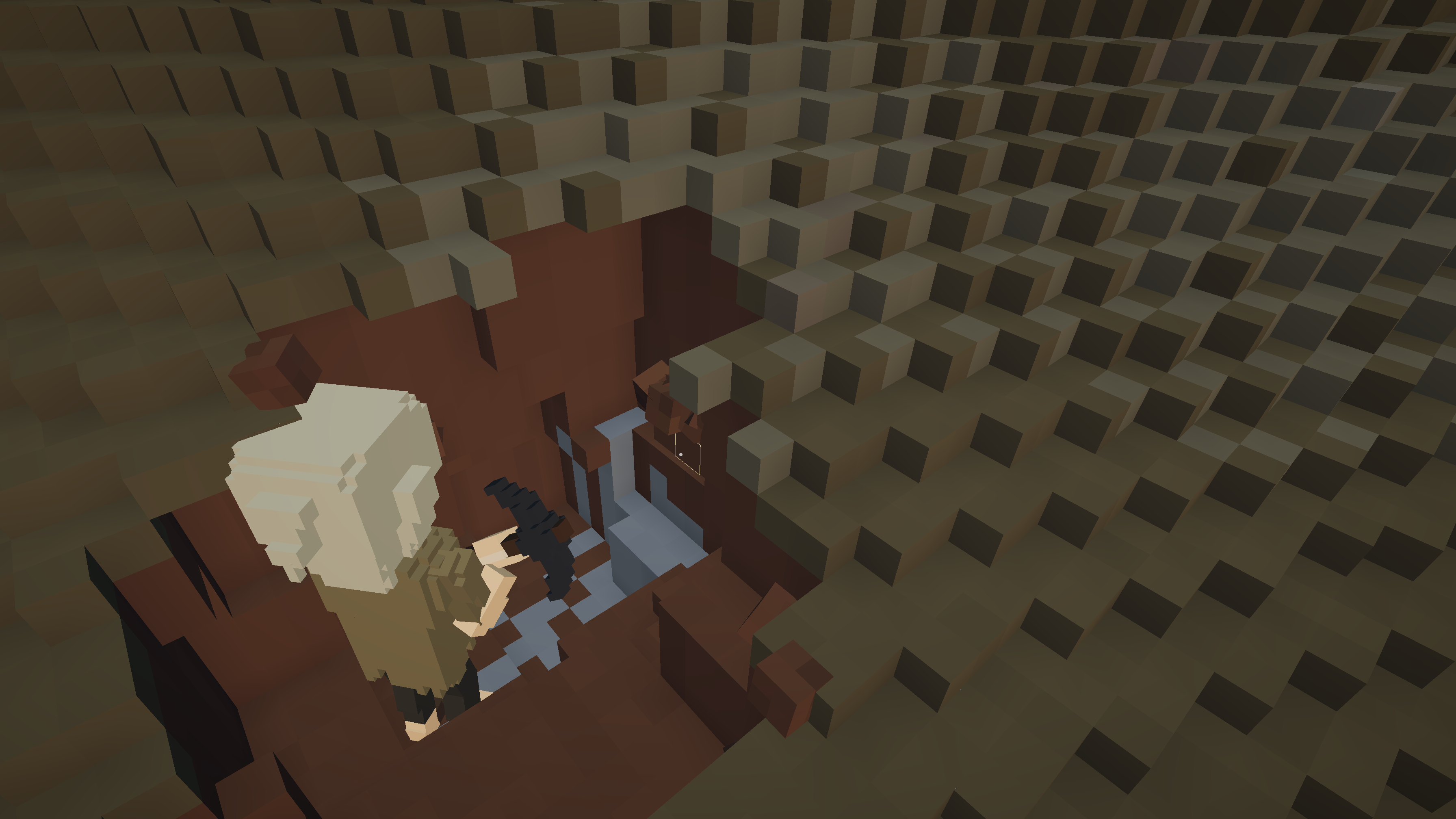 The character seen from above digging in a crater, exposed stone beneath the dirt and the aim target outlined