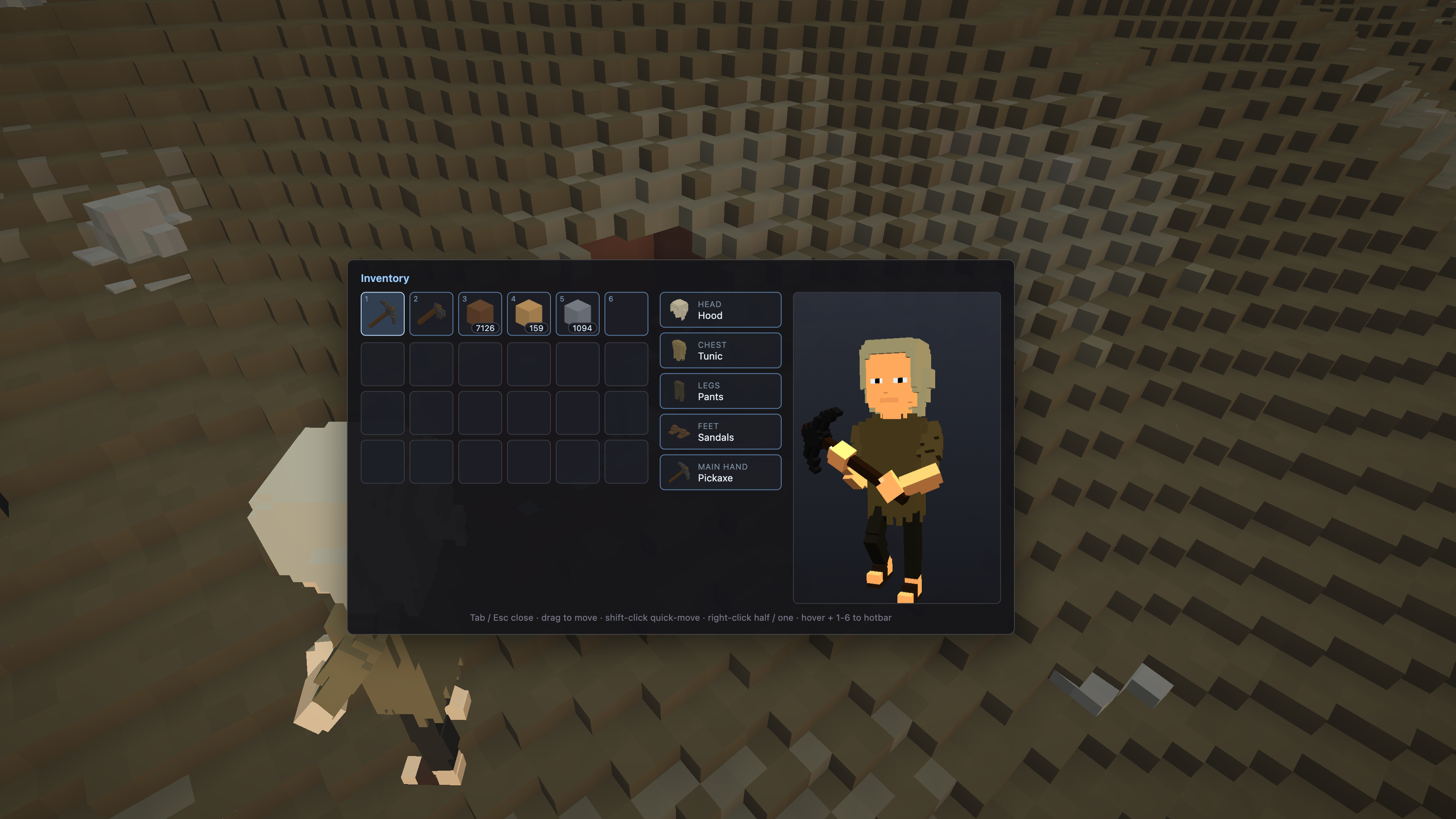 The inventory and equipment interface with hotbar items, equipment slots for hood, tunic, pants, sandals, and pickaxe, and the clothed character preview