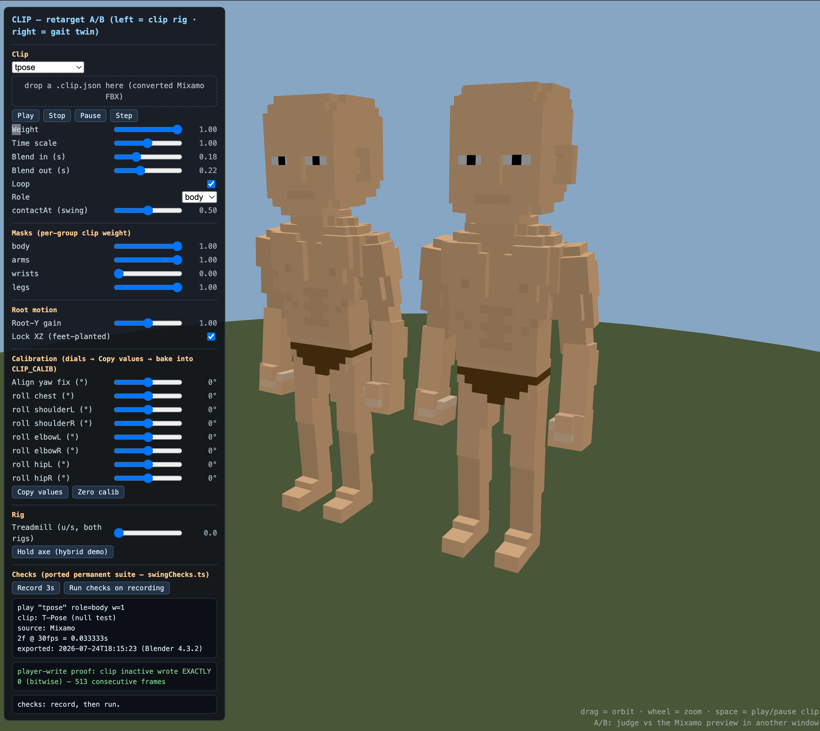 The clip retarget harness showing the clip rig beside its gait twin with blend, mask, and calibration controls