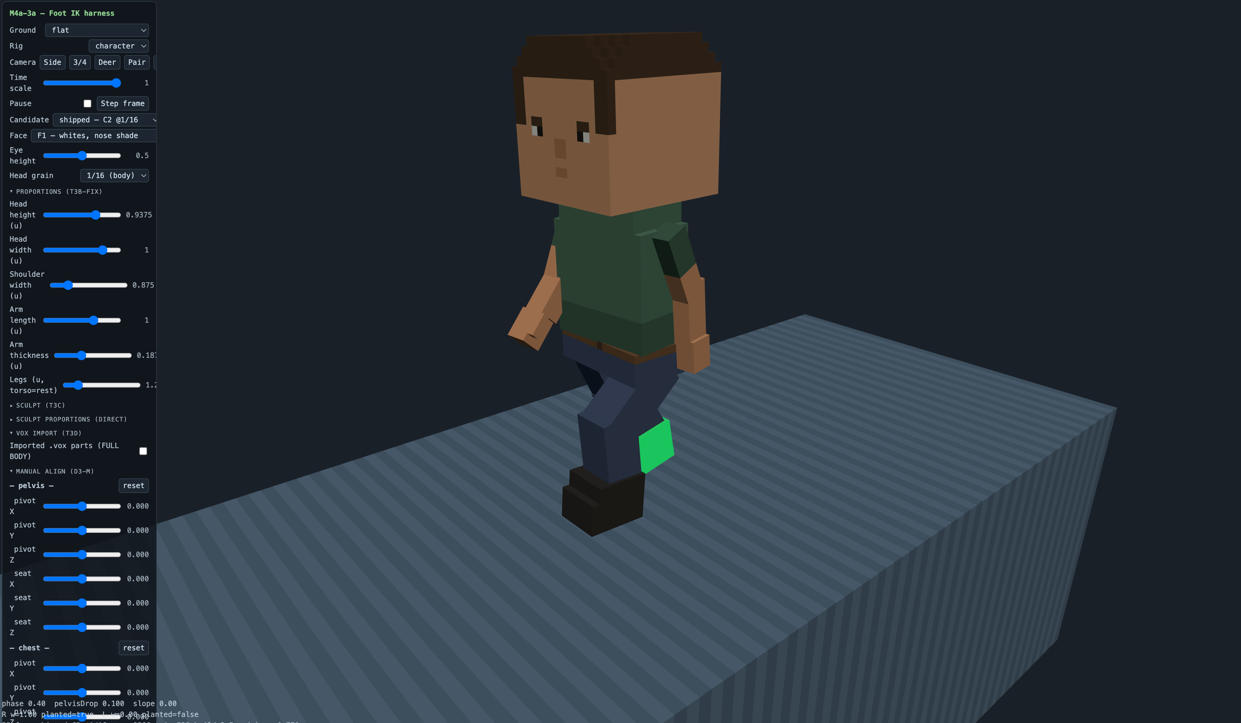 The foot IK harness with an early character candidate mid-stride on a test slab, proportion and gait sliders alongside