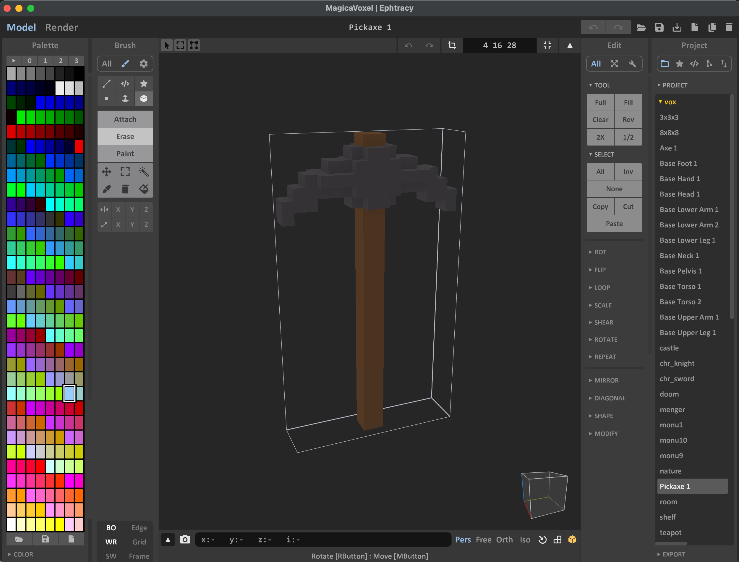 The pickaxe sculpt open in MagicaVoxel beside the project's .vox parts library