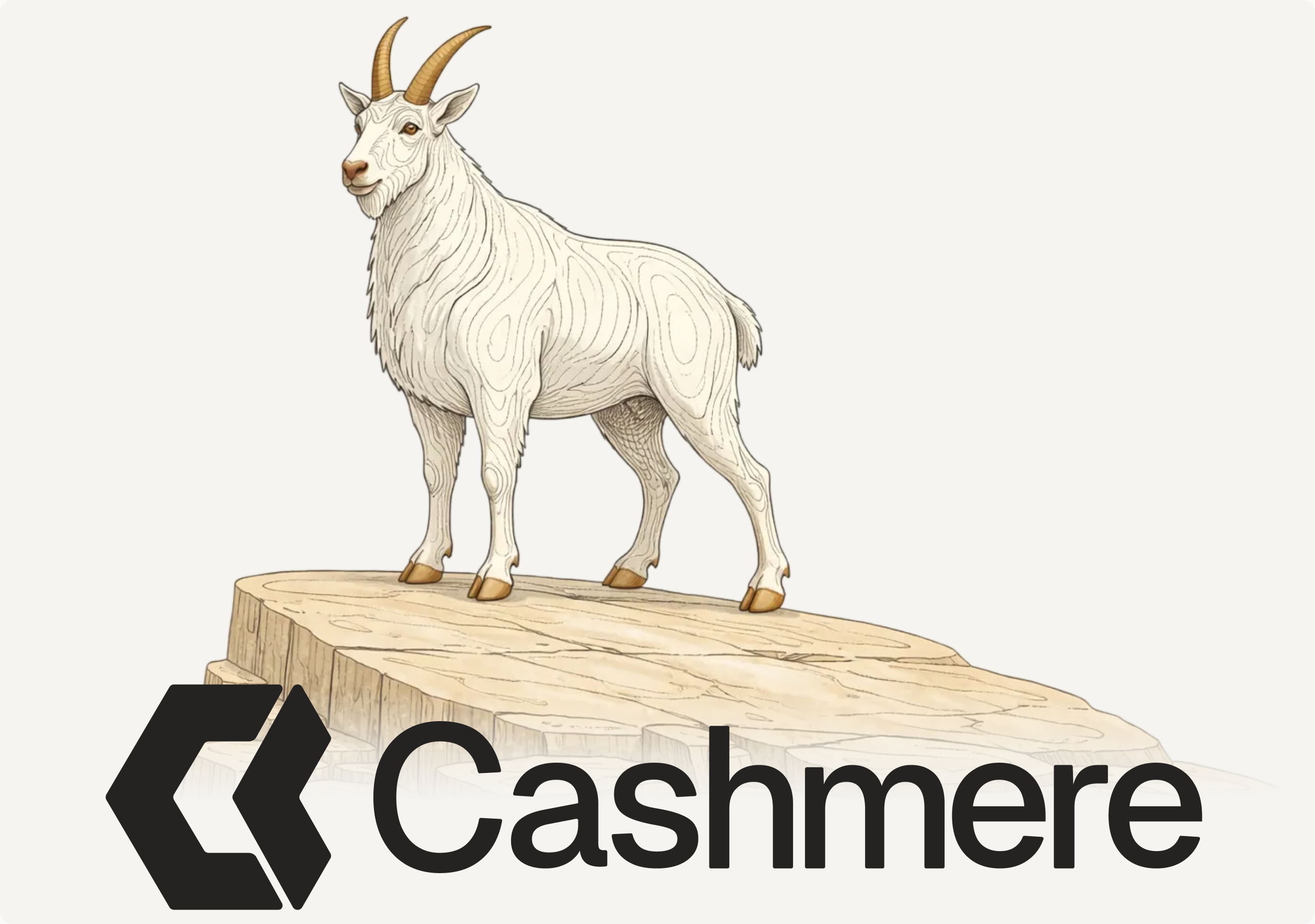 Cashmere brand illustration: a mountain goat on a plinth above the Cashmere lockup