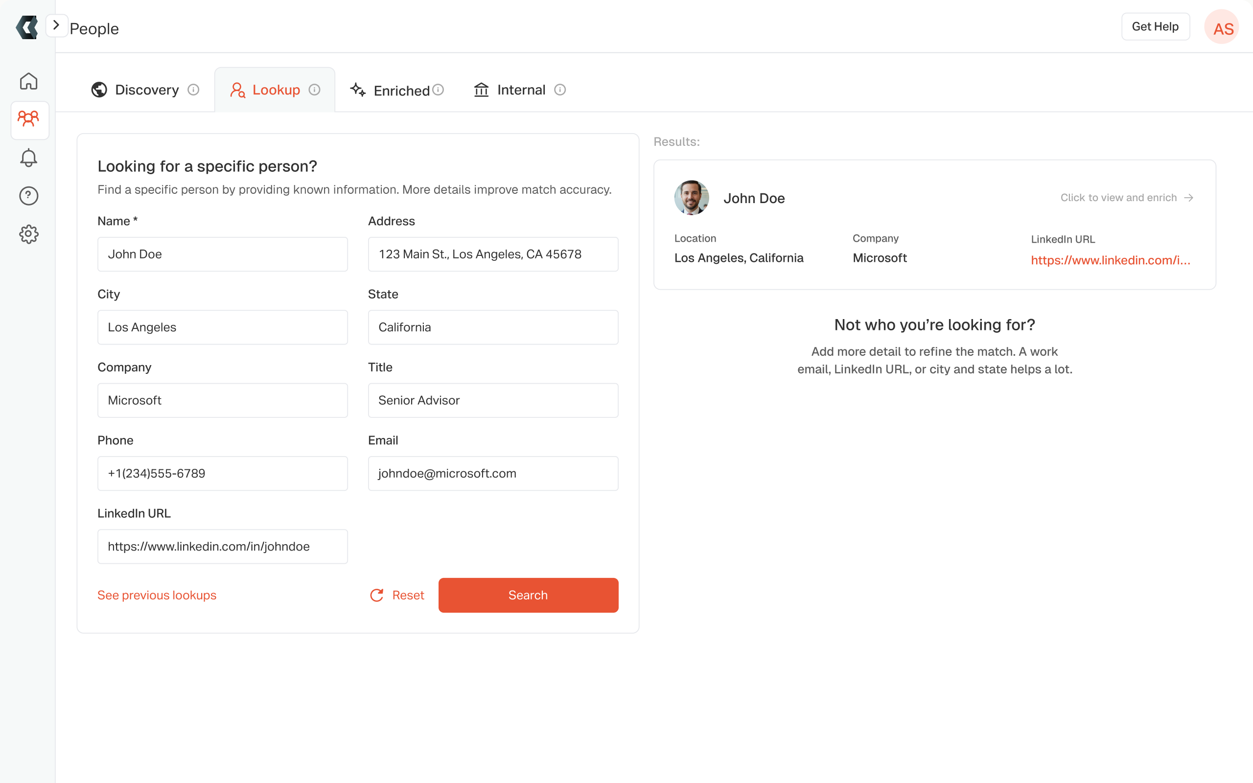 Lookup resolves a known person from a LinkedIn URL or email