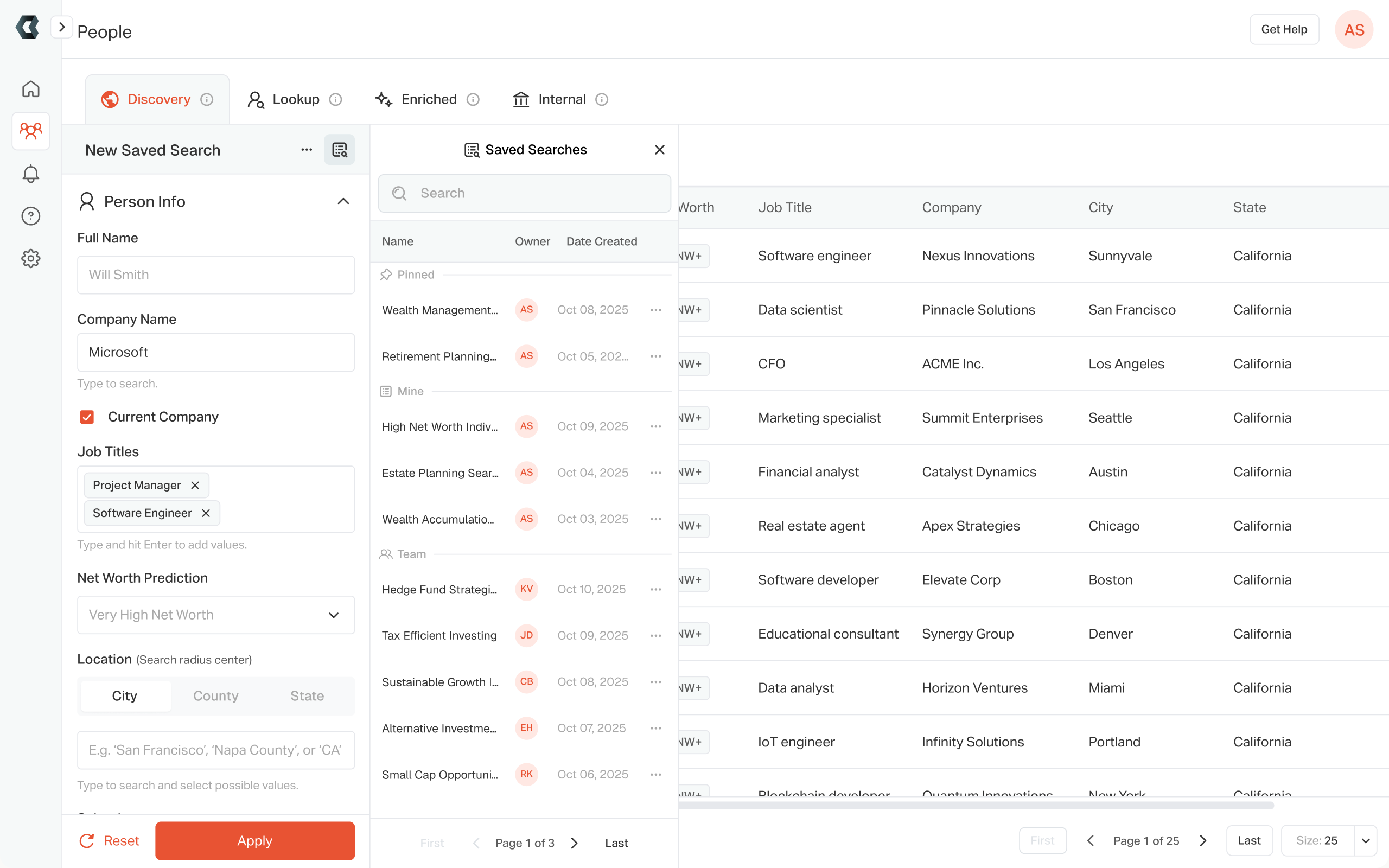 The saved searches drawer open over Discovery, listing pinned, mine, and team searches