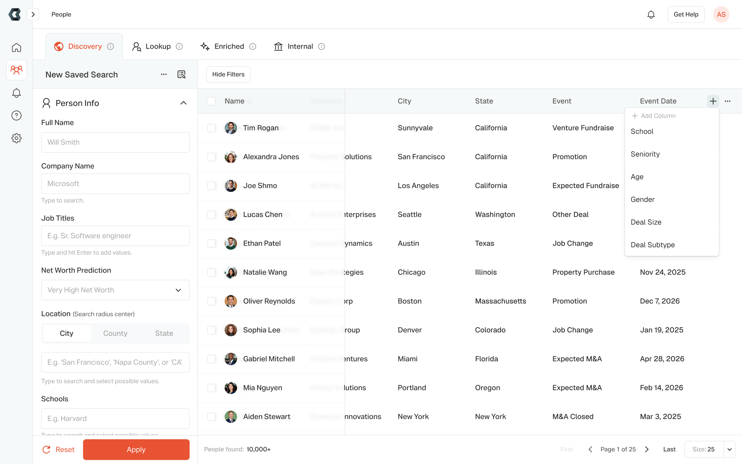 Customizable result tables: adding a column from the header menu