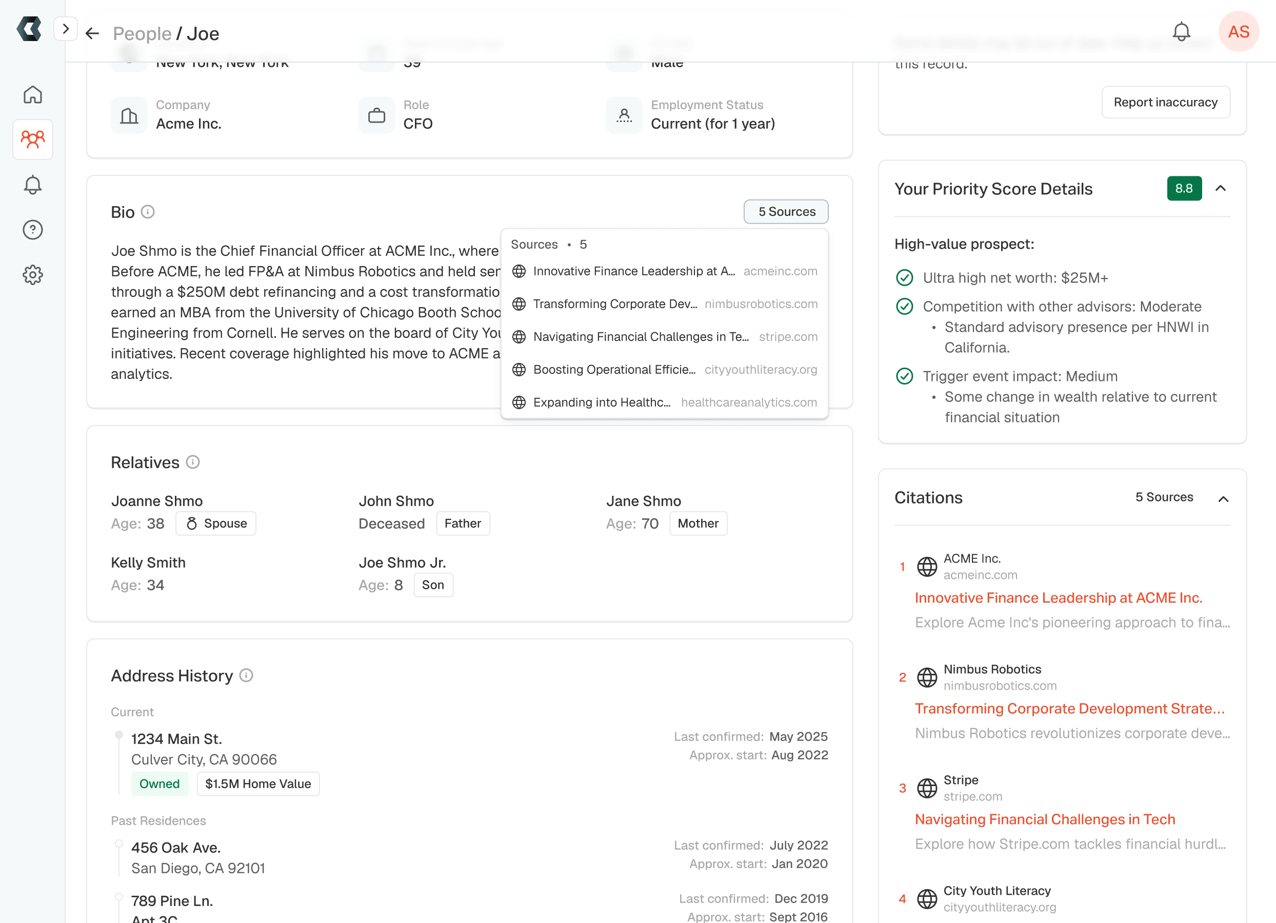 The bio with its sources dropdown open and citations collected in the right rail