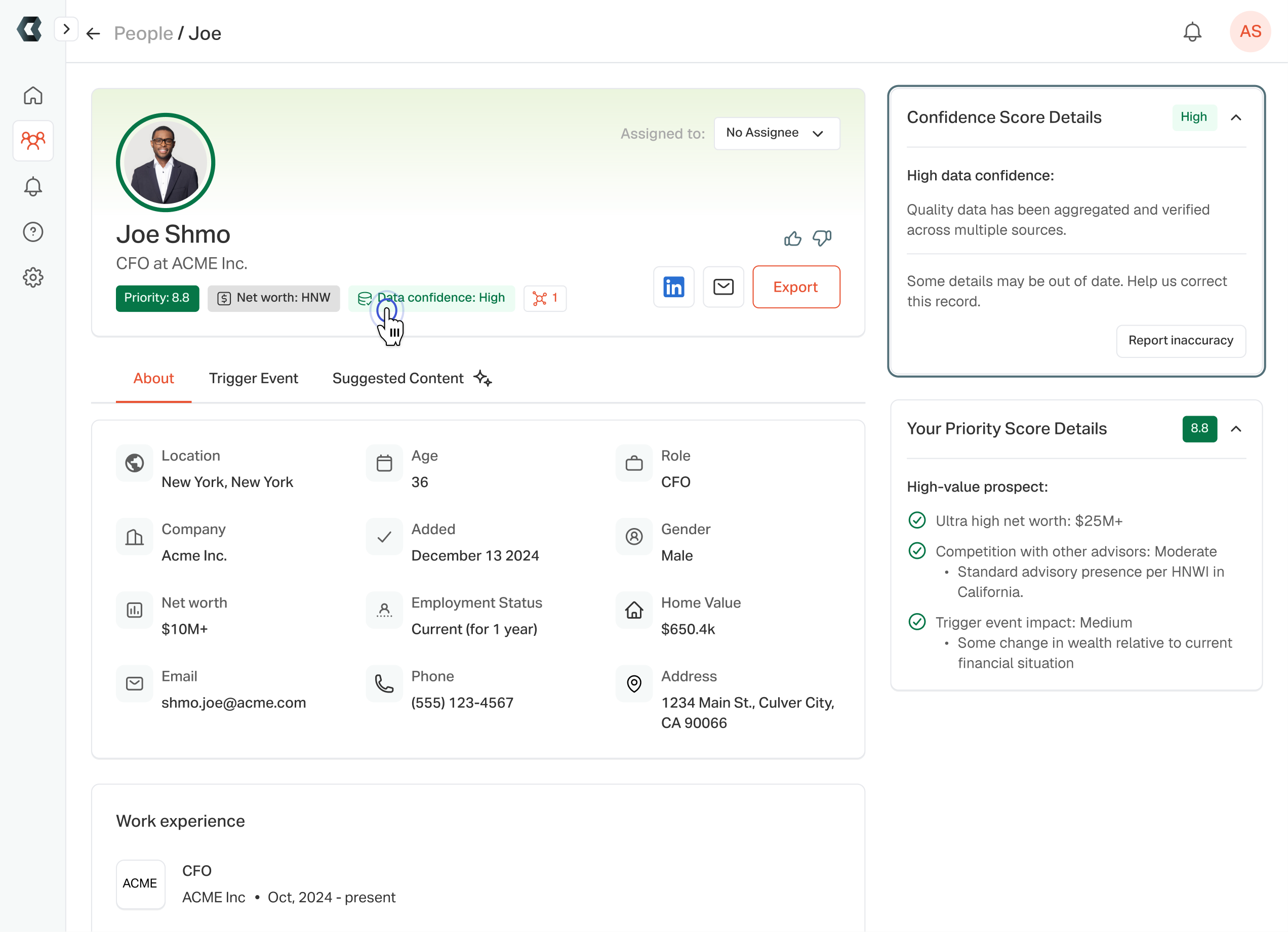 The profile with the banner badge system added: priority, net worth tier, and data confidence, a clicked badge focusing its rail card