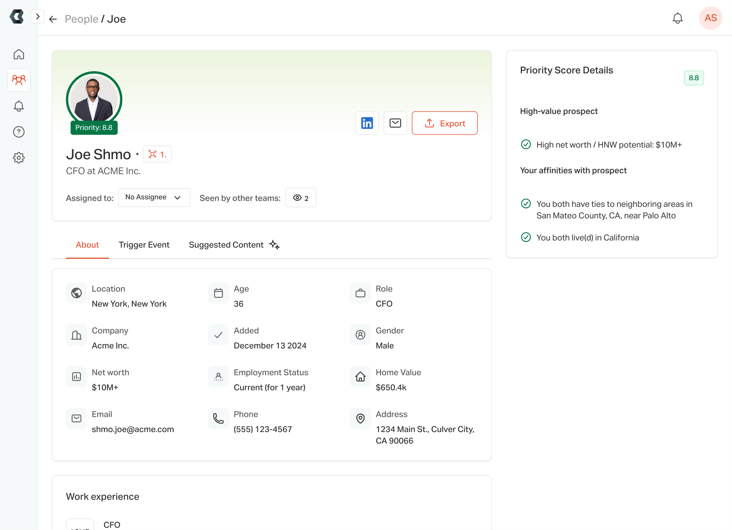 The original profile: loose framework with the person on the left and the priority score card on the right