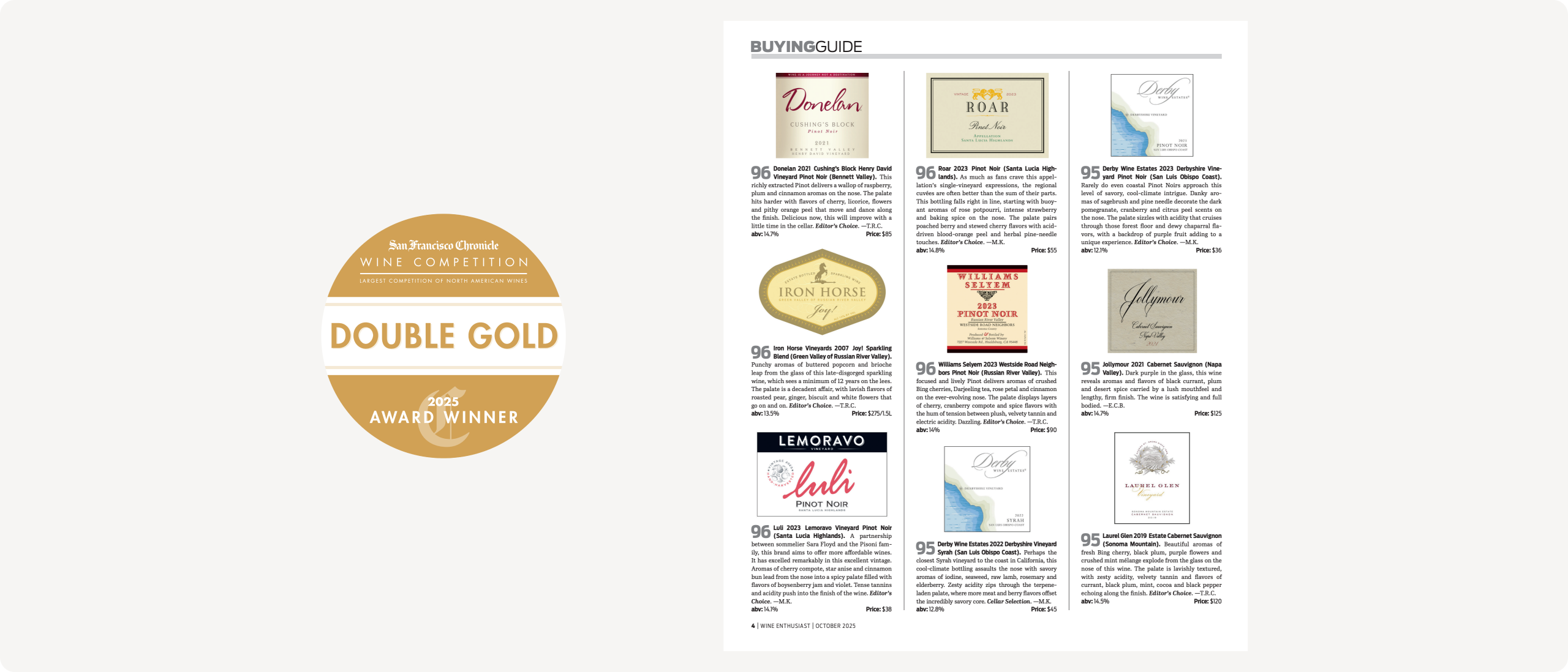 Double Gold badge and Wine Enthusiast 95-point review